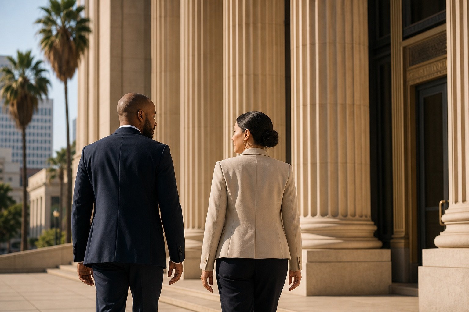 Two people walking toward a downtown Los Angeles courthouse