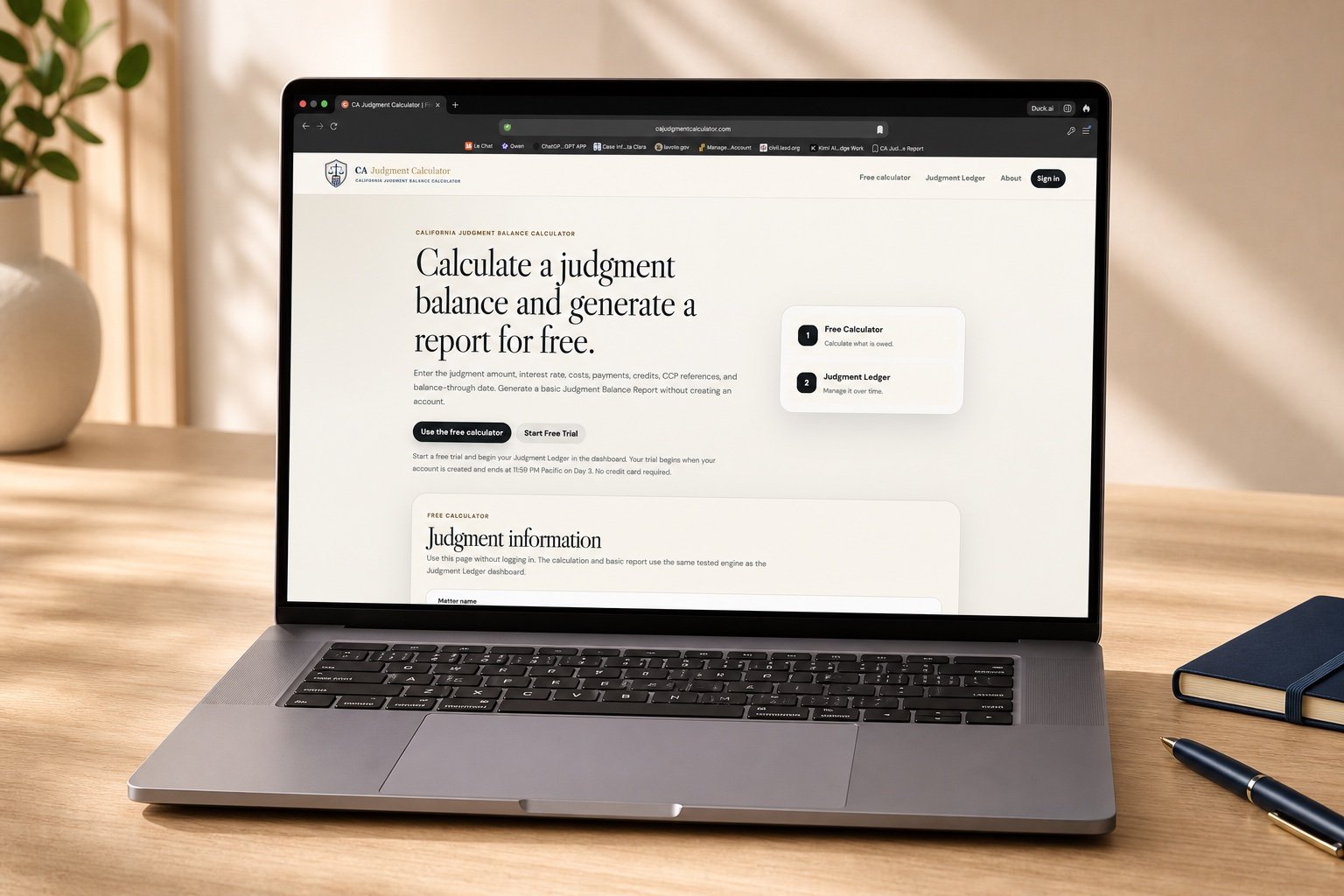 Laptop displaying the California Judgment Calculator website